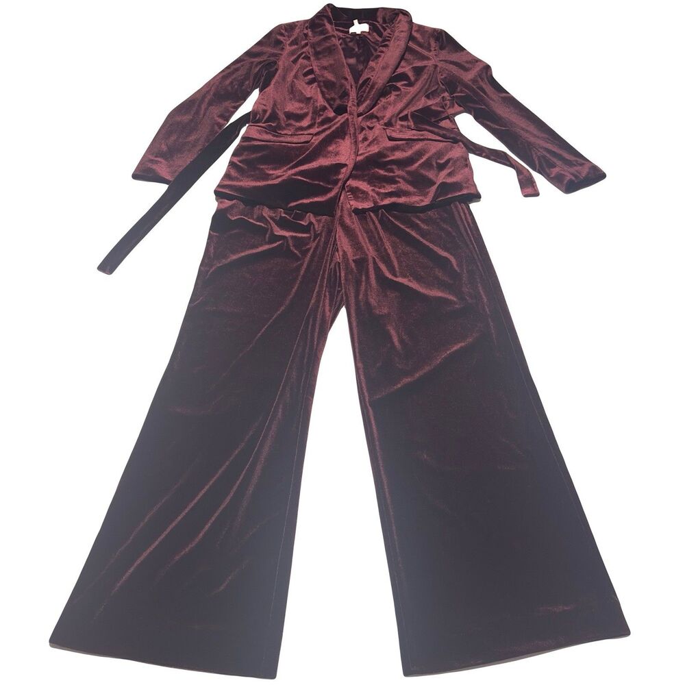 Laundry By Shelli Segal Velvet Velour Pant Suit Set M Burgundy MISSING  BUTTON